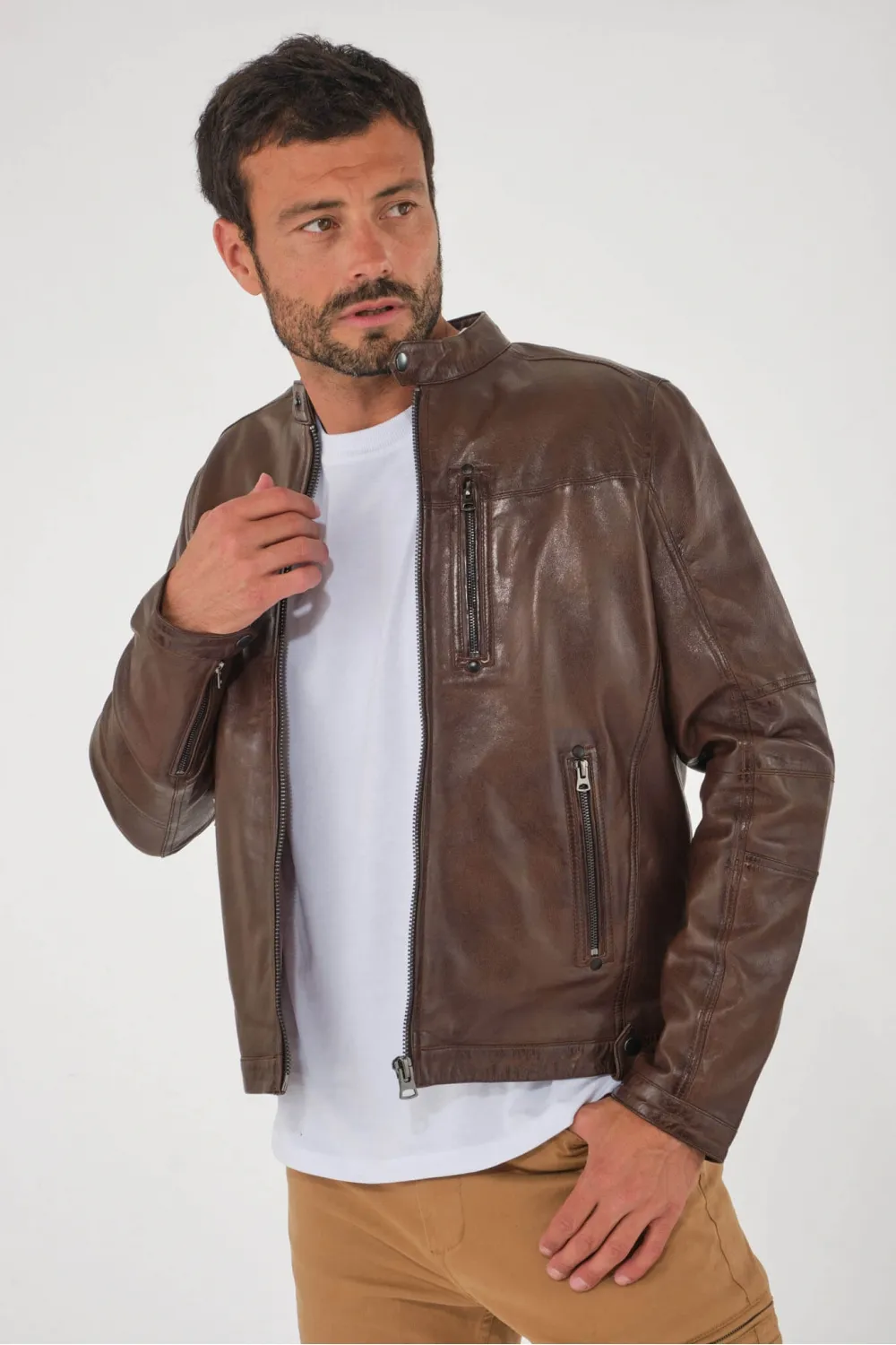 Blouson agneau marron style motard , Caractère Cuir - MARTIN JACKET Marron | Cesare Nori